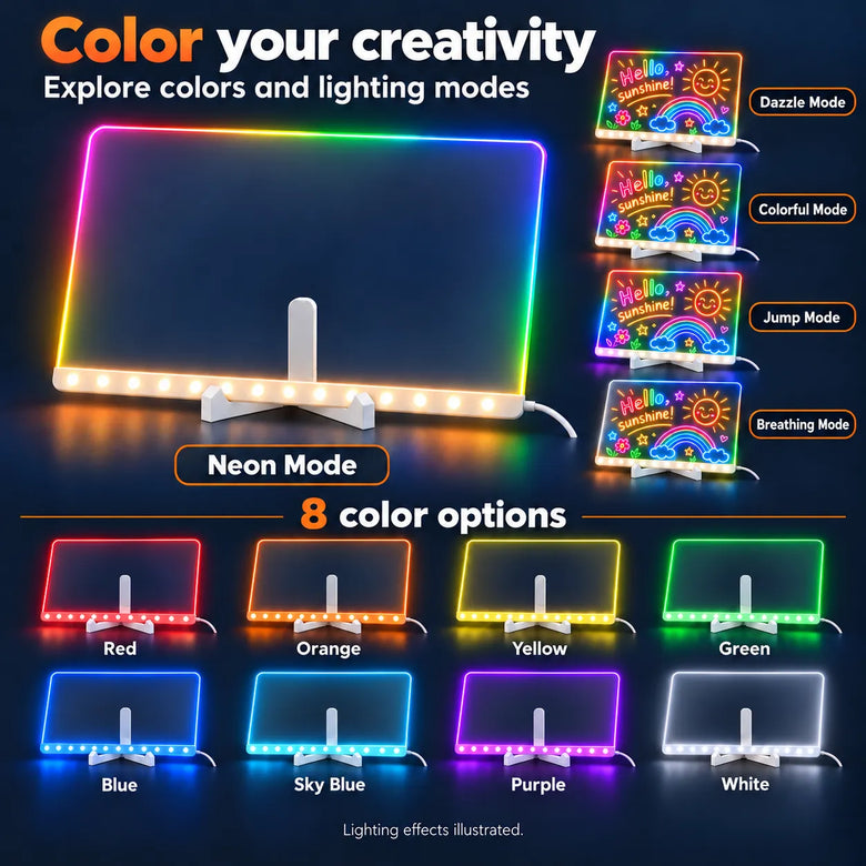 LED drawing board showing eight light colours and six light modes