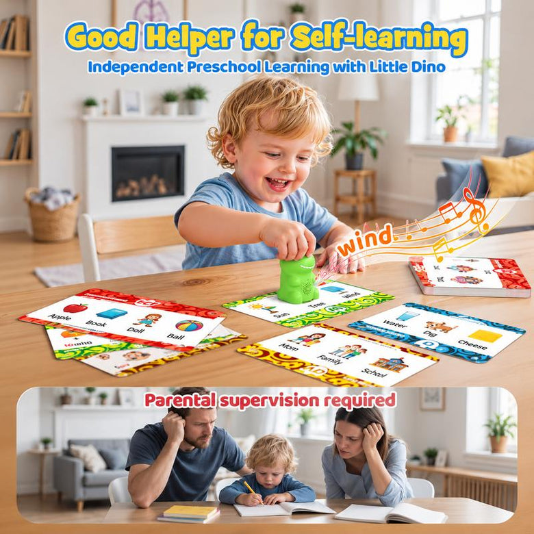 Child tapping English learning cards with the dinosaur talking pen