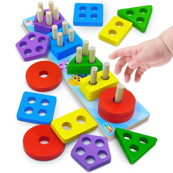 Wooden shape sorter and stacker with colorful shapes and five groups of pegs