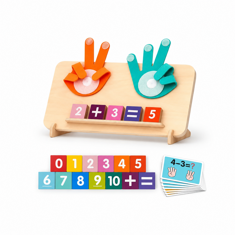 Finger counting math board with two felt hands, number blocks and activity cards