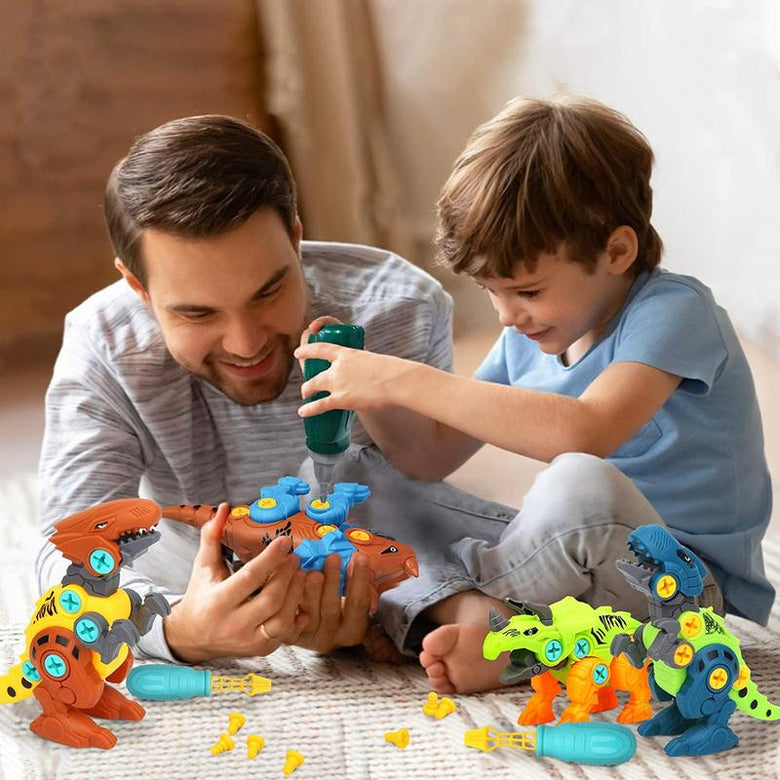 Adult and child sharing a hands-on dinosaur building activity