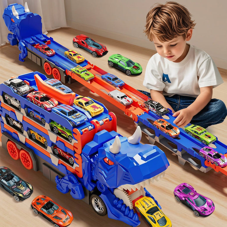 Child playing with mini cars on the dinosaur truck's unfolded track