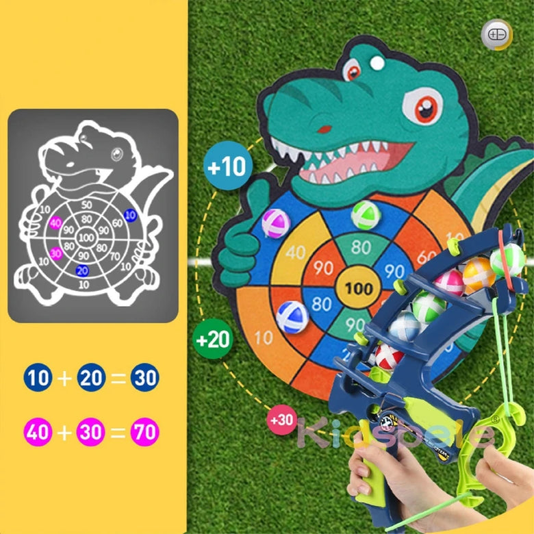 Dinosaur sticky-ball target game with numbered scoring zones