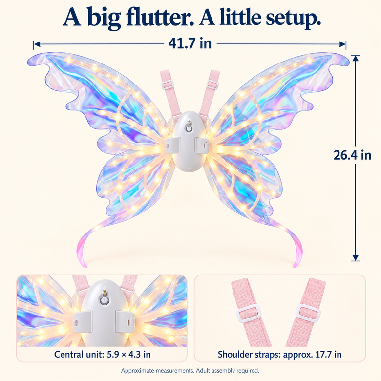 Butterfly wing dimensions in inches with central unit and shoulder straps