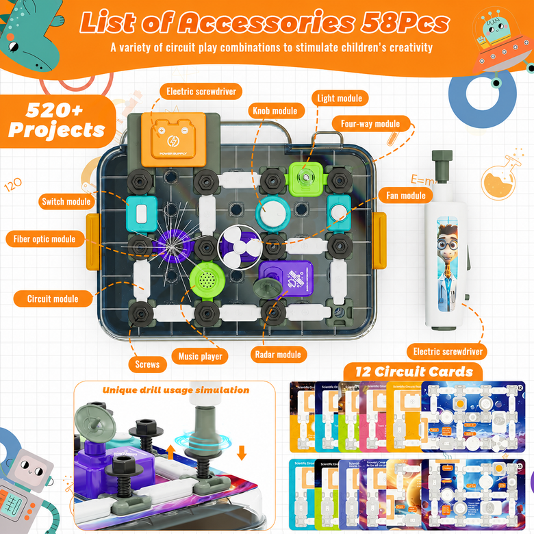 Kit de Circuitos Electrónicos STEM Montessoridays™ — Más de 480 Proyectos — detalles de juego y producto