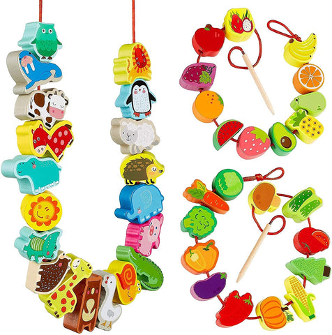 Montessoridays™ Wooden Stringing Animals, Fruits & Vegetables — play and product details