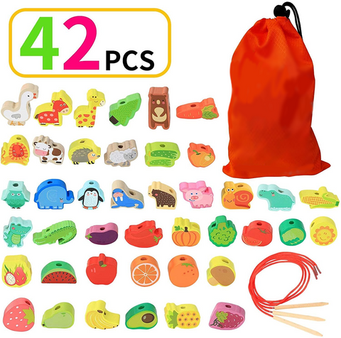 Montessoridays™ Wooden Stringing Animals, Fruits & Vegetables — play and product details