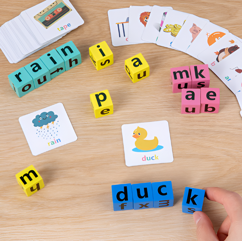Montessoridays™ Speedy Spelling Cubes — play and product details
