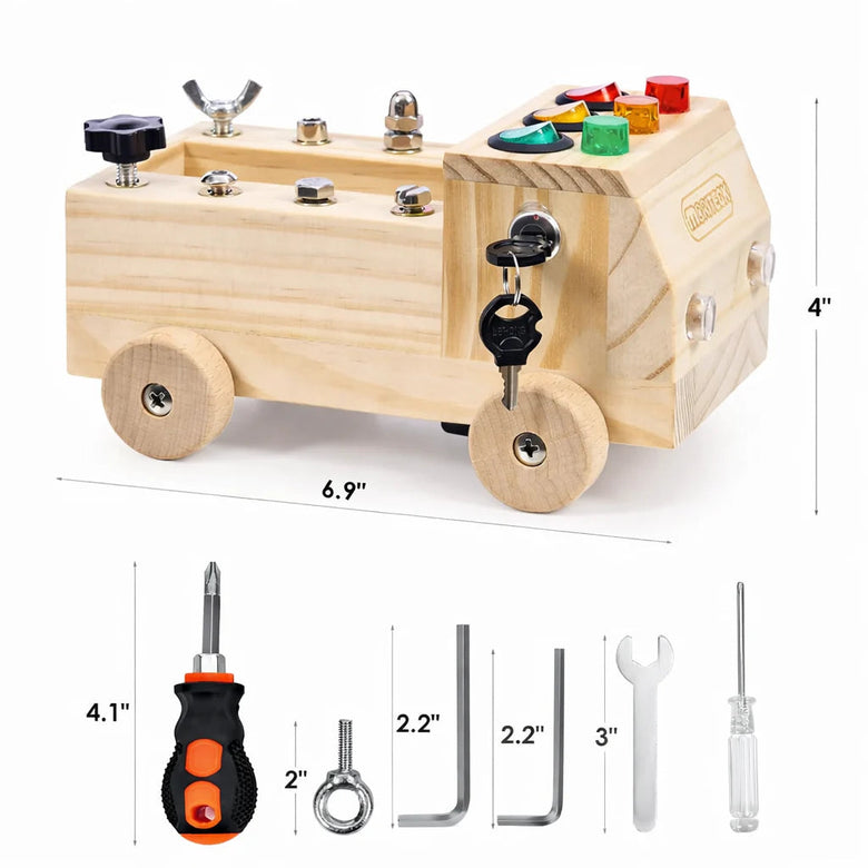 Camión de actividades con tablero sensorial Montessoridays™ — detalles de juego y producto