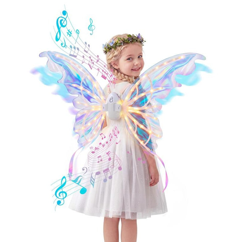 Child wearing illuminated butterfly wings with the central motor unit visible