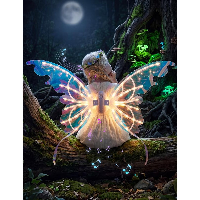Glowing butterfly wings shown from behind in a fairy woodland scene