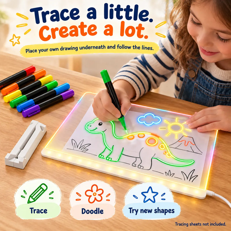 Child tracing a picture on the LED drawing board