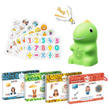 Close-up of dinosaur talking pen, phonics cards and picture stickers