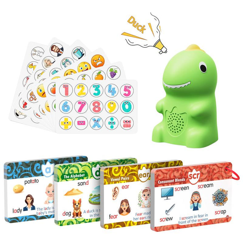 Dinosaur talking pen with sample phonics cards and interactive stickers