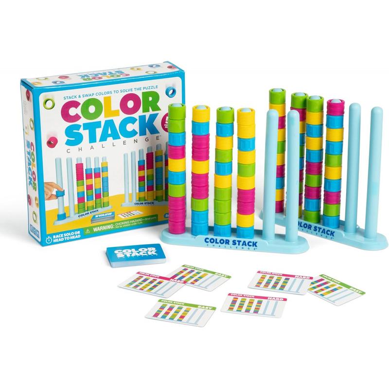 Complete Color Stack Challenge game with two racks, rings and Easy and Hard cards