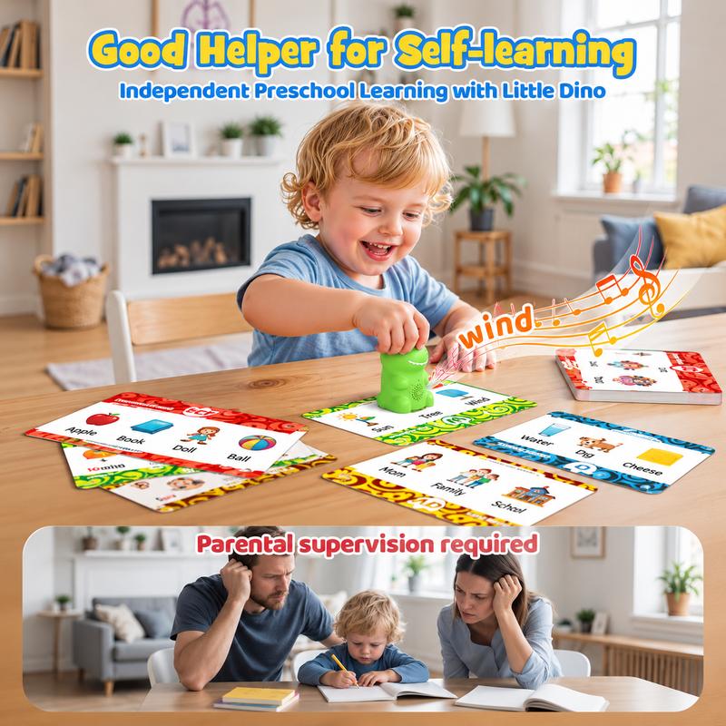 Child tapping a picture on an English learning card with the dinosaur pen