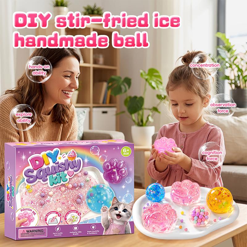 Adult and child enjoying a DIY squishy craft activity with colorful finished designs