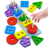 Wooden shape sorter and stacker with five colorful shapes and matching pegs