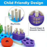 Close-up of wooden pegs, rounded shape edges and stacked pentagon pieces