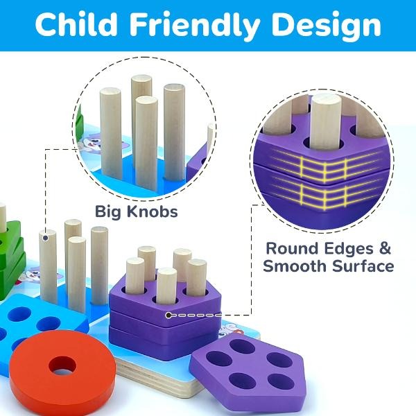 Close-up of wooden pegs and stacked purple pentagon pieces