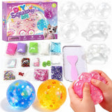 DIY squishy kit contents with shells, colored craft materials, decorations and tools