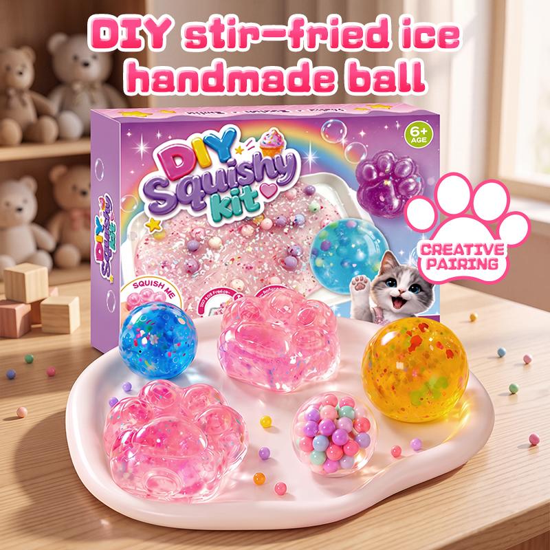 DIY squishy kit packaging with colorful ball and paw-shaped creations