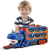 Child holding a dinosaur car carrier with parked mini cars