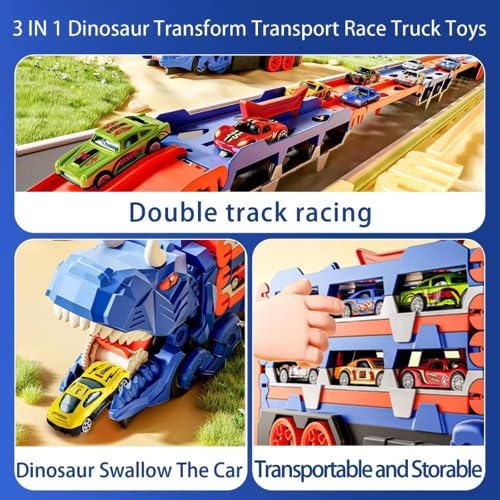 Two-lane racing, dinosaur-mouth car play and carrier storage features