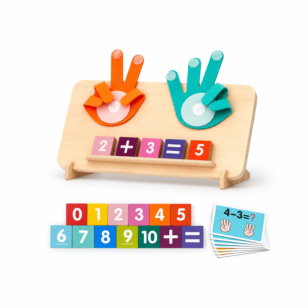 High Five finger counting math set with wooden board, felt hands, number blocks and activity cards