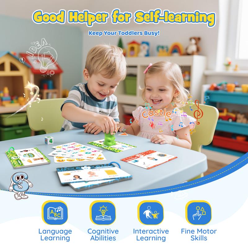 Children taking turns with dinosaur talking pen and picture cards