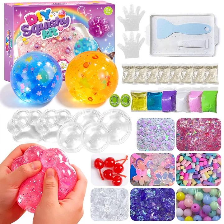 DIY squishy craft kit with round and paw-shaped shells, colored materials, decorations and crafting tools