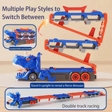 Dinosaur truck transforming between car carrier and two-lane race track