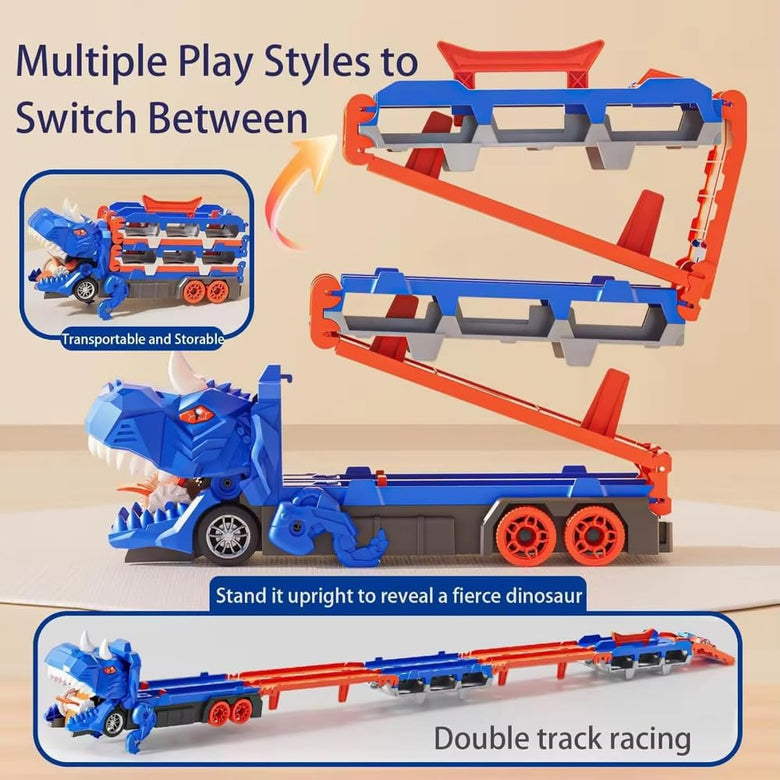 Dinosaur truck shown as a car carrier and an unfolded two-lane race track