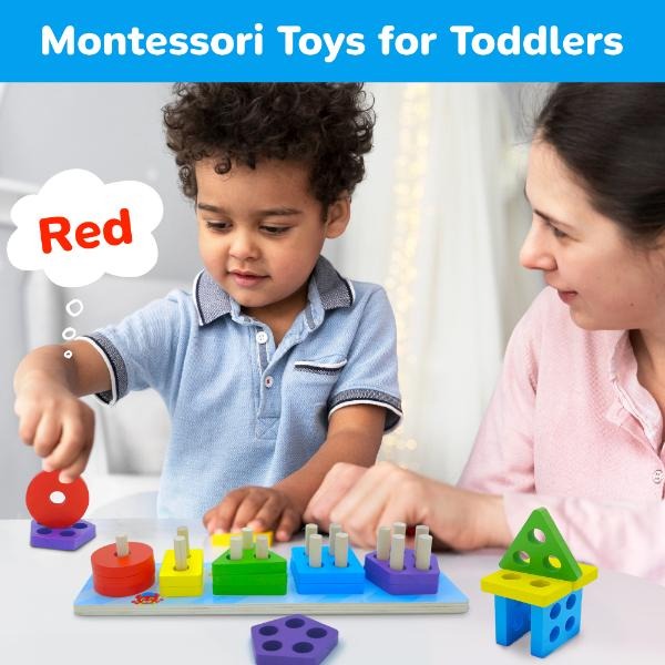 Child and adult exploring colorful wooden shapes and a peg sorting board