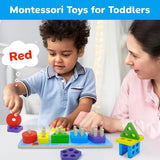 Child and adult exploring colorful wooden shapes and a peg sorting board