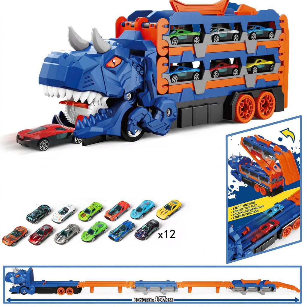 Dinosaur car carrier with 12 mini cars and an unfolding 157 cm race track
