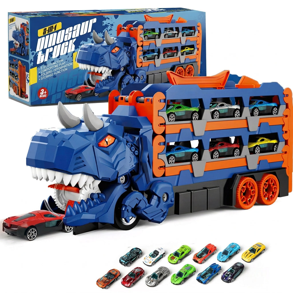 Dinosaur transport truck with car storage and 12 mini cars shown