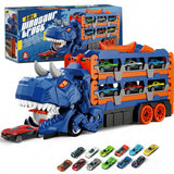 Dinosaur transport truck with car storage and 12 mini cars shown