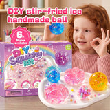 Child showing a colorful finished squishy beside the DIY craft kit