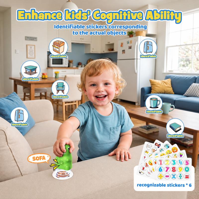 Child playing an English word game with the dinosaur pen and matching stickers