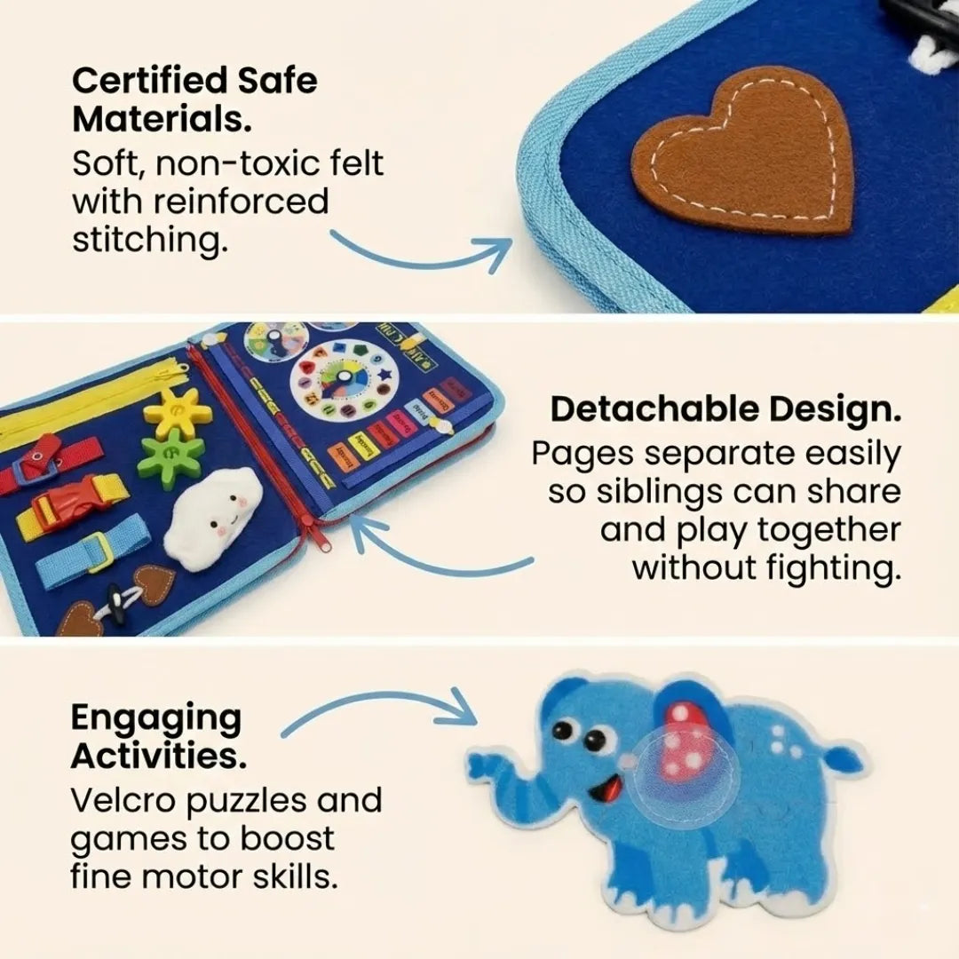 Close-up of busy board fastening and removable matching activities