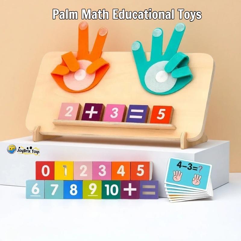 Finger counting board showing 2 + 3 = 5 with number blocks and activity cards