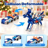 Two blue cars connecting magnetically and transforming into a creature