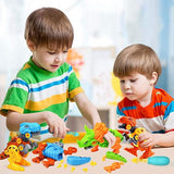 Children building take-apart dinosaurs with screwdrivers and loose parts