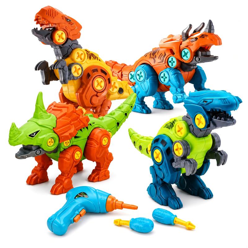 Four take-apart dinosaur models with toy electric drill and hand screwdrivers