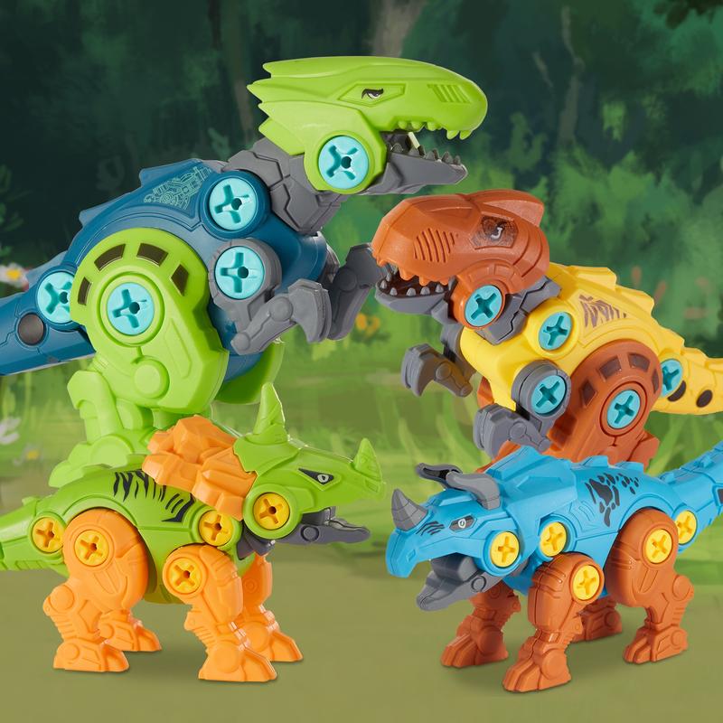 Four assembled dinosaur toys arranged in a prehistoric play scene