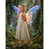 Child wearing glowing butterfly wings in a fantasy garden scene