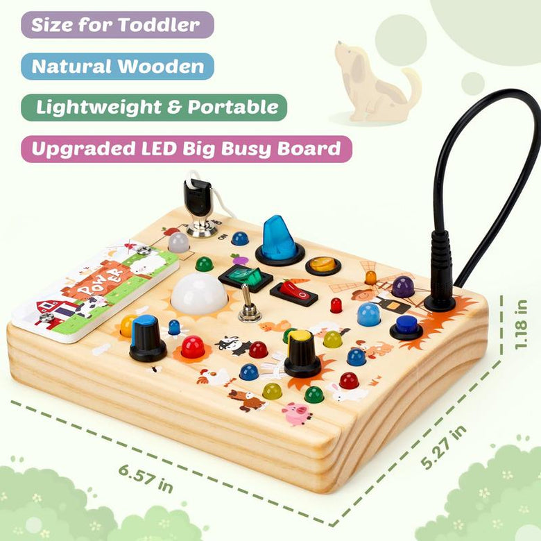 Angled view of the wooden LED busy board and its different switch controls