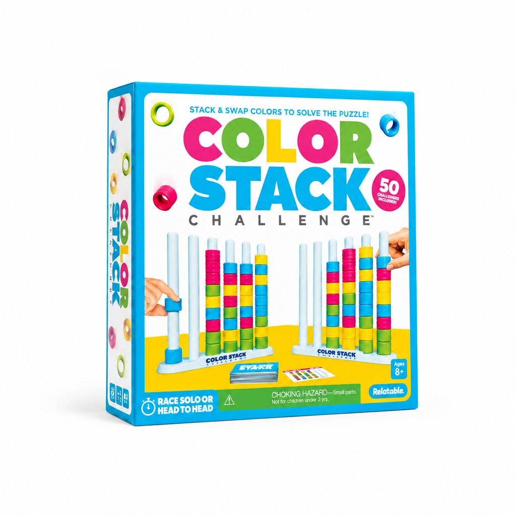 Color Stack Challenge game box with age 8+ marking and two stack racks