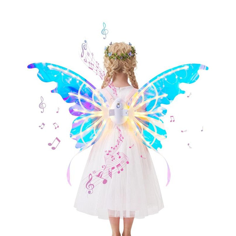 Rear view of iridescent electric butterfly wings with lights and music graphics